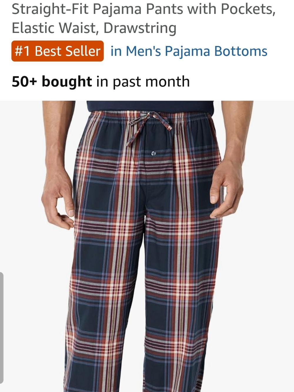 Amazon Essentials Navy and Red Plaid Pajama Pants with Drawstring